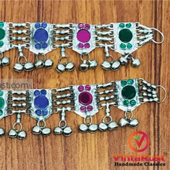 Afghan Anklets, Multicolor Glass Stone Anklets Pair, Anklets With Bells And Glas - Picture 3 of 8